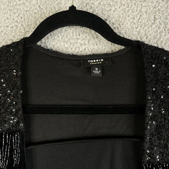 Torrid Cardigan Sweater Womens 0 Black L Open Front Sequins Beaded Fringe Velvet - Picture 3 of 11